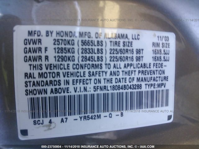 5FNRL18084B043288 - 2004 HONDA ODYSSEY EXL TAN photo 9