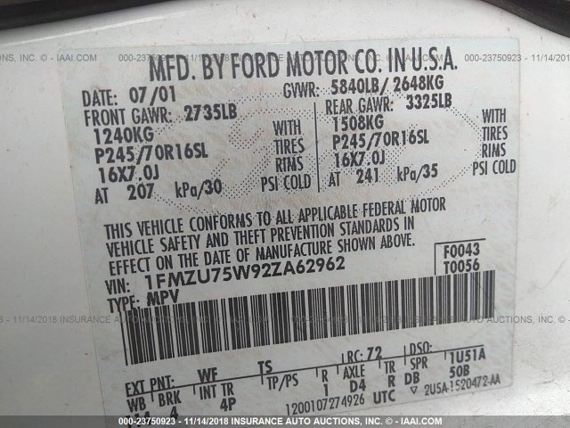 1FMZU75W92ZA62962 - 2002 FORD EXPLORER LIMITED WHITE photo 9