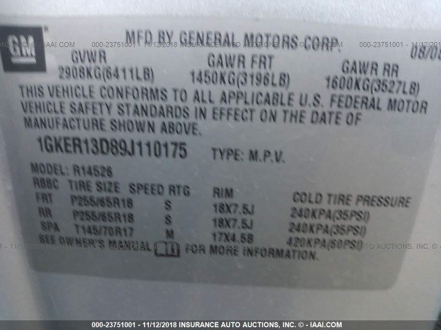 1GKER13D89J110175 - 2009 GMC ACADIA SLE SILVER photo 9