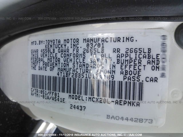 4T1BF28B51U174189 - 2001 TOYOTA AVALON XL/XLS WHITE photo 9