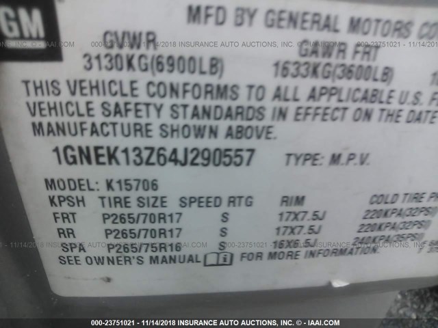 1GNEK13Z64J290557 - 2004 CHEVROLET TAHOE K1500 GRAY photo 9