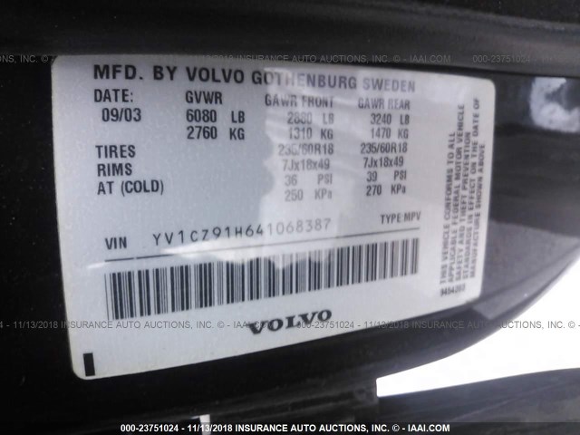 YV1CZ91H641068387 - 2004 VOLVO XC90 T6 BLACK photo 9