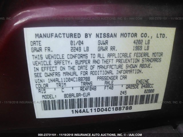 1N4AL11D04C188788 - 2004 NISSAN ALTIMA S/SL RED photo 9