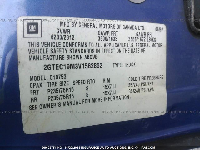 2GTEC19M3V1562852 - 1997 GMC SIERRA C1500 BLUE photo 9