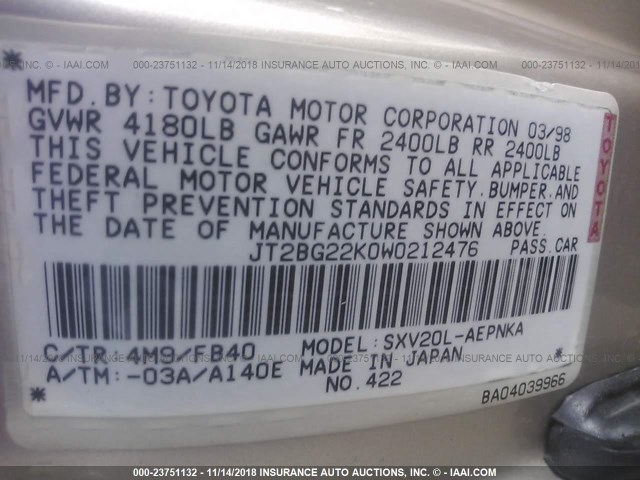 JT2BG22K0W0212476 - 1998 TOYOTA CAMRY CE/LE/XLE BEIGE photo 9