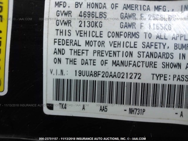 19UUA8F20AA021272 - 2010 ACURA TL BLACK photo 9