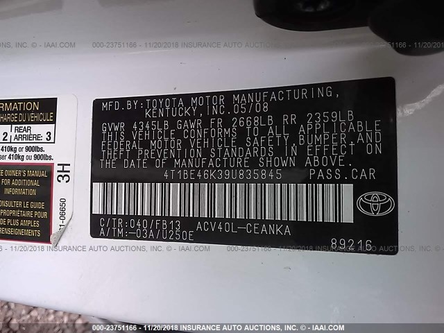 4T1BE46K39U835845 - 2009 TOYOTA CAMRY SE/LE/XLE 白色 照片 9