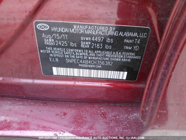 5NPEC4AB4CH356382 - 2012 HYUNDAI SONATA SE/LIMITED RED photo 9