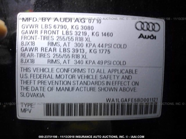 WA1LGAFE5BD001121 - 2011 AUDI Q7 PREMIUM PLUS BLACK photo 9