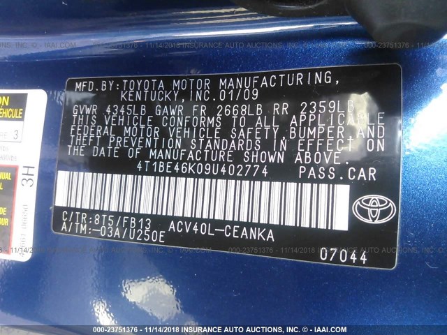 4T1BE46K09U402774 - 2009 TOYOTA CAMRY SE/LE/XLE BLUE photo 9