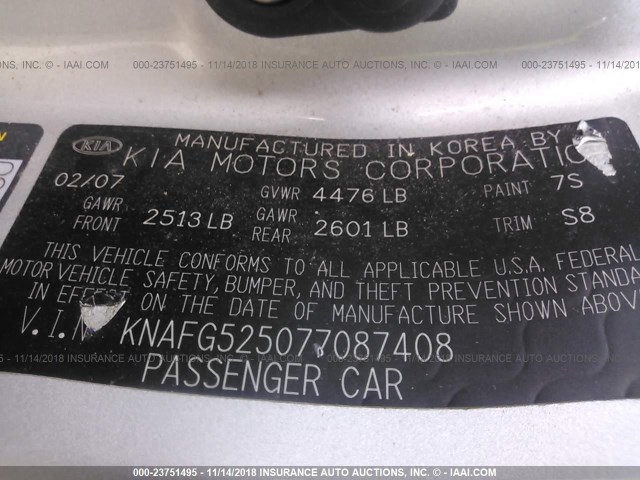 KNAFG525077087408 - 2007 KIA RONDO LX/EX SILVER photo 9