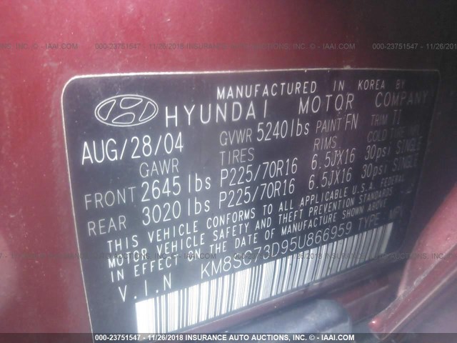 KM8SC73D95U866959 - 2005 HYUNDAI SANTA FE GLS/LX RED photo 9