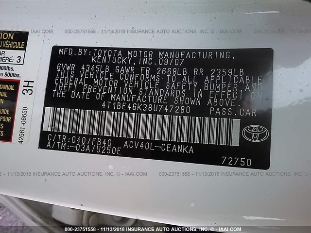 4T1BE46K38U747280 - 2008 TOYOTA CAMRY CE/LE/XLE/SE WHITE photo 9