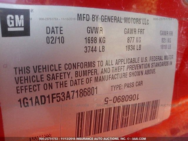 1G1AD1F53A7186801 - 2010 CHEVROLET COBALT 1LT RED photo 9