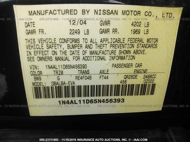 1N4AL11D65N456393 - 2005 NISSAN ALTIMA S/SL BLUE photo 9