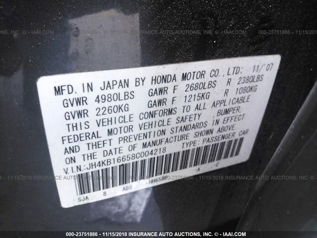 JH4KB16658C004218 - 2008 ACURA RL GRAY photo 9