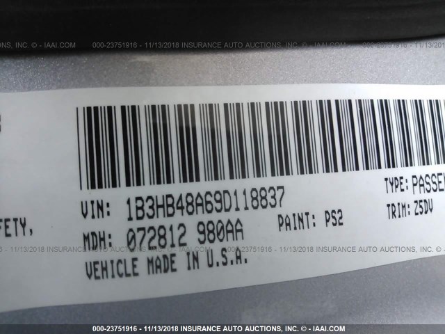 1B3HB48A69D118837 - 2009 DODGE CALIBER SXT SILVER photo 9