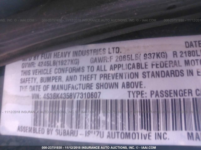 4S3BK4358V7310607 - 1997 SUBARU LEGACY L GREEN photo 9