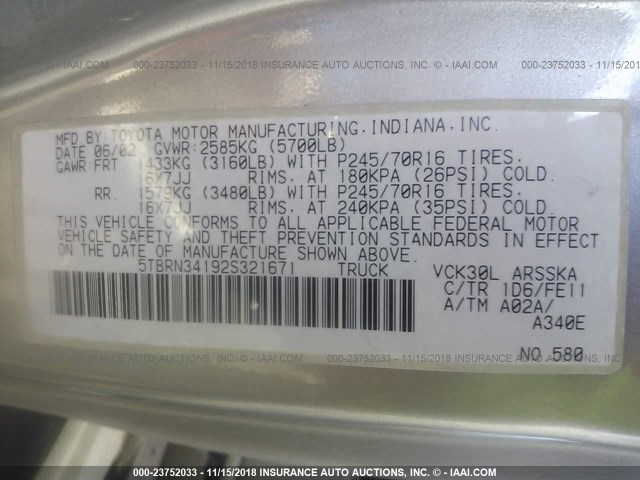 5TBRN34192S321671 - 2002 TOYOTA TUNDRA ACCESS CAB SR5 SILVER photo 9