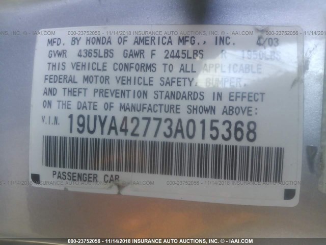 19UYA42773A015368 - 2003 ACURA 3.2CL TYPE-S SILVER photo 9