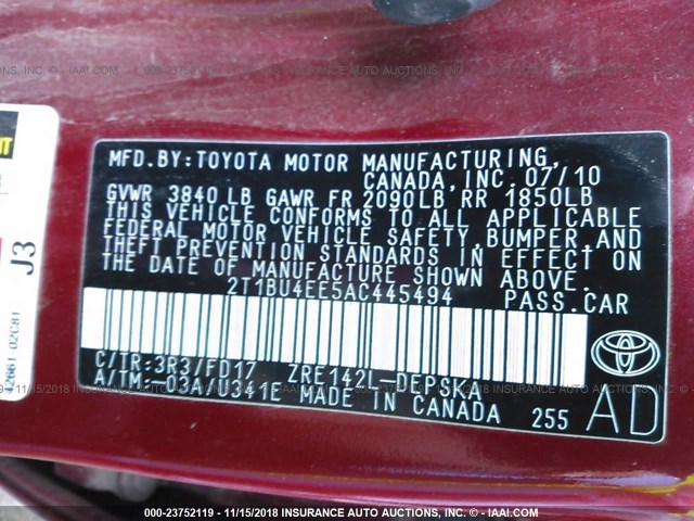 2T1BU4EE5AC445494 - 2010 TOYOTA COROLLA S/LE/XLE RED photo 9