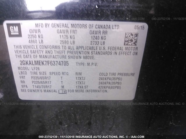 2GKALMEK7F6374705 - 2015 GMC TERRAIN SLE BLACK photo 9