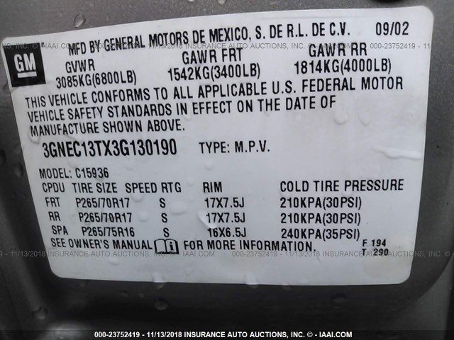 3GNEC13TX3G130190 - 2003 CHEVROLET AVALANCHE C1500 Champagne photo 9