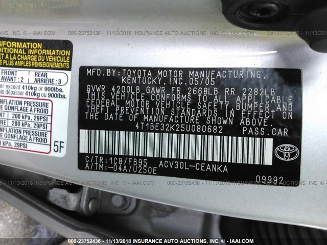 4T1BE32K25U080682 - 2005 TOYOTA CAMRY LE/XLE/SE SILVER photo 9