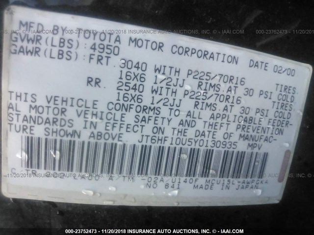 JT6HF10U5Y0130935 - 2000 LEXUS RX 300 BLACK photo 9