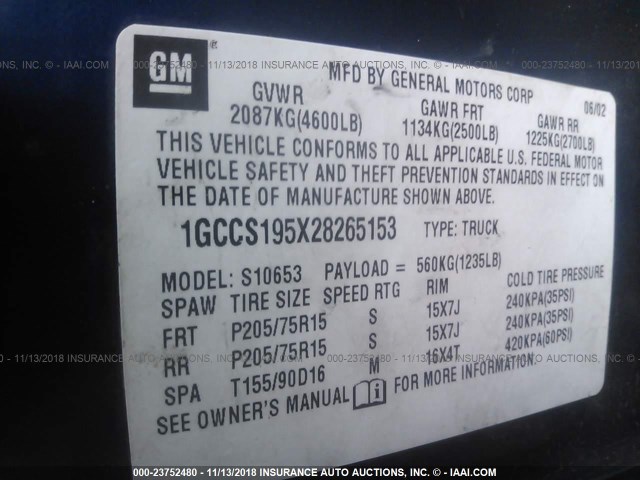 1GCCS195X28265153 - 2002 CHEVROLET S TRUCK S10 Dark Blue photo 9