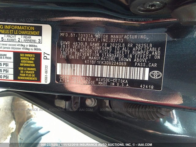 4T1BF1FK3DU224069 - 2013 TOYOTA CAMRY L/SE/LE/XLE შავი ფოტო 9