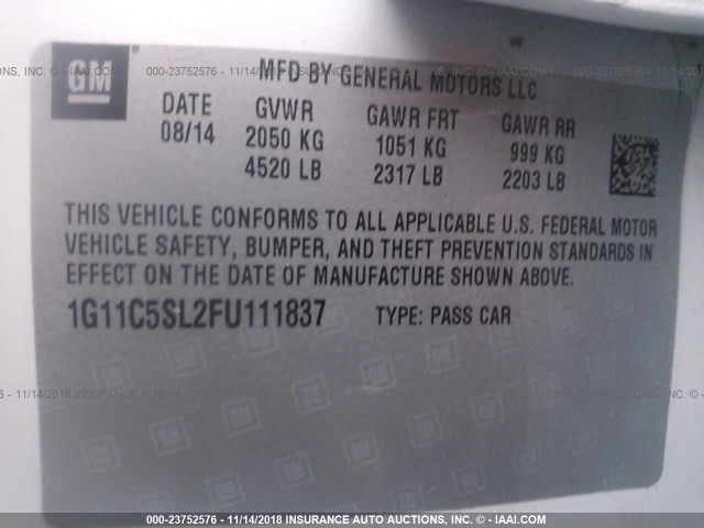 1G11C5SL2FU111837 - 2015 CHEVROLET MALIBU 1LT 白色 照片 9