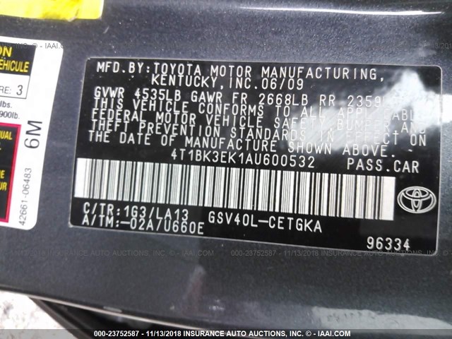 4T1BK3EK1AU600532 - 2010 TOYOTA CAMRY SE/LE/XLE 灰色 照片 9