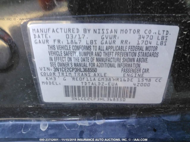 3N1CE2CP3HL368550 - 2017 NISSAN VERSA NOTE S/S PLUS/SV/SL/SR BLACK photo 9