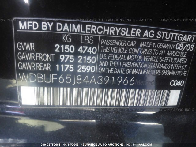 WDBUF65J84A391966 - 2004 MERCEDES-BENZ E 320 BLACK photo 9