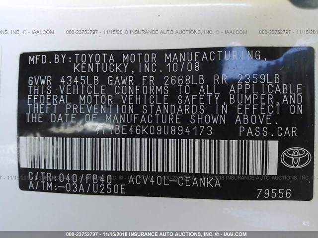 4T1BE46K09U894173 - 2009 TOYOTA CAMRY SE/LE/XLE WHITE photo 9