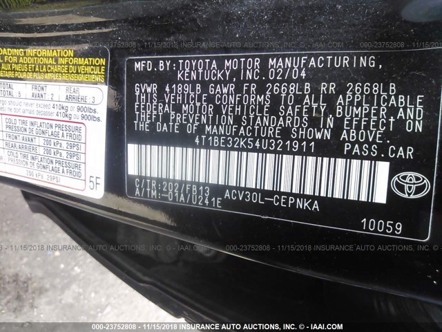 4T1BE32K54U321911 - 2004 TOYOTA CAMRY LE/XLE/SE BLACK photo 9