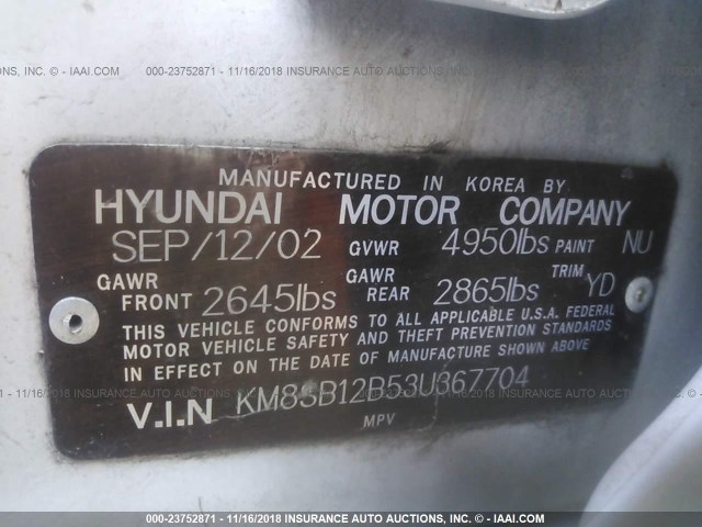 KM8SB12B53U367704 - 2003 HYUNDAI SANTA FE GL WHITE photo 9