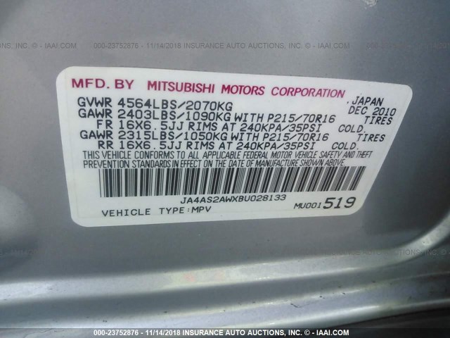 JA4AS2AWXBU028133 - 2011 MITSUBISHI OUTLANDER ES SILVER photo 9