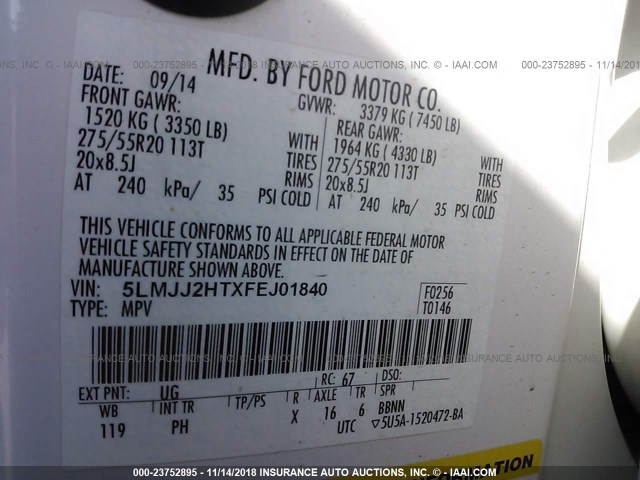 5LMJJ2HTXFEJ01840 - 2015 LINCOLN NAVIGATOR 白色 照片 9