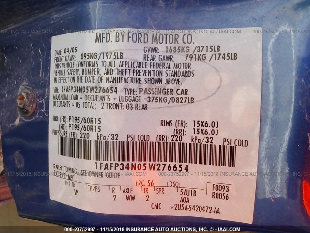 1FAFP34N05W276654 - 2005 FORD FOCUS ZX4 BLUE photo 9