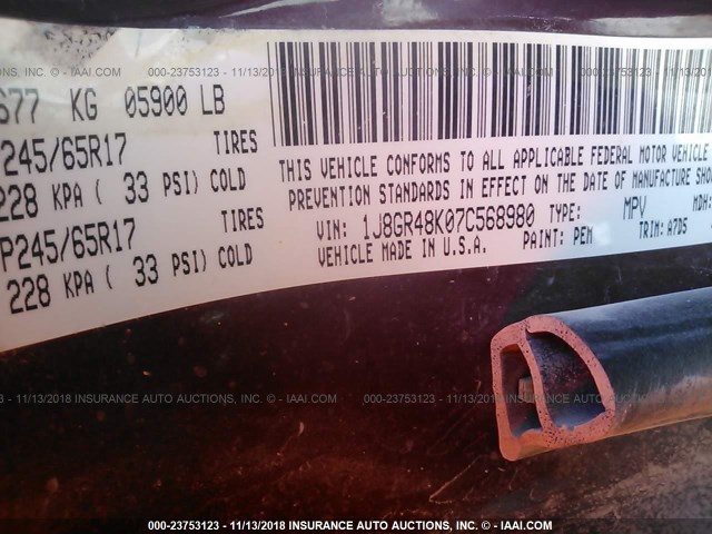 1J8GR48K07C568980 - 2007 JEEP GRAND CHEROKEE LAREDO/COLUMBIA/FREEDOM BURGUNDY photo 9