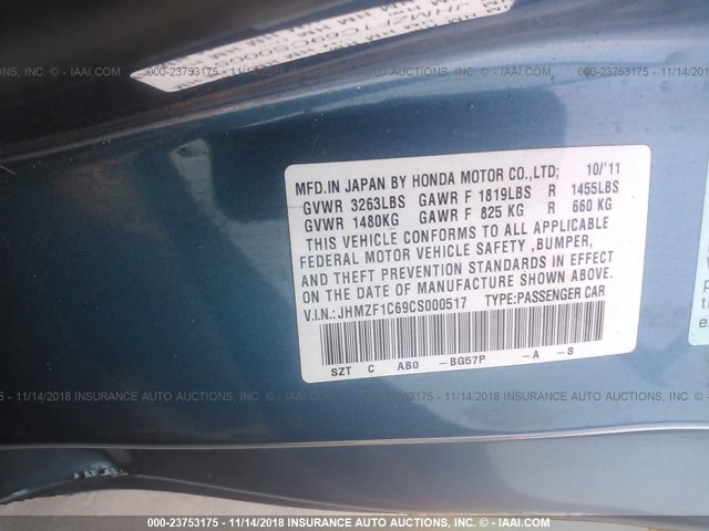 JHMZF1C69CS000517 - 2012 HONDA CR-Z EX BLUE photo 9