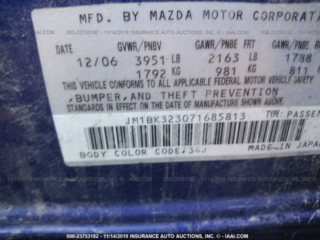 JM1BK323071685813 - 2007 MAZDA 3 S BLUE photo 9