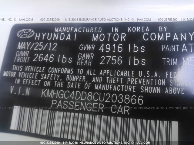 KMHGC4DD8CU203866 - 2012 HYUNDAI GENESIS 3.8L WHITE photo 9