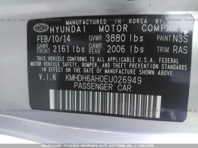 KMHDH6AH0EU026949 - 2014 HYUNDAI ELANTRA COUPE GS/SE SILVER photo 9