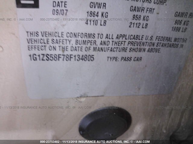 1G1ZS58F78F134805 - 2008 CHEVROLET MALIBU LS GOLD photo 9