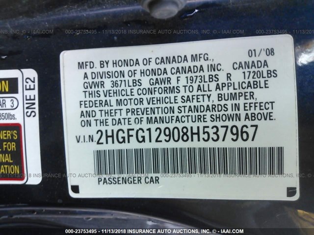 2HGFG12908H537967 - 2008 HONDA CIVIC EXL Dark Blue photo 9