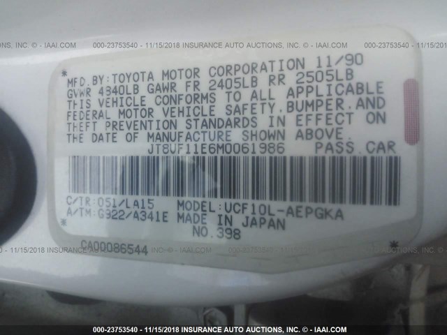 JT8UF11E6M0061986 - 1991 LEXUS LS 400 WHITE photo 9