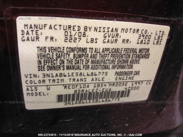 3N1AB61E58L686775 - 2008 NISSAN SENTRA 2.0/2.0S/2.0SL MAROON photo 9